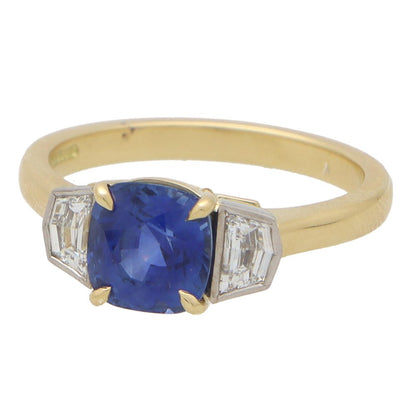 3ct Cushion Cut Natural Sapphire and Diamond Three Stone