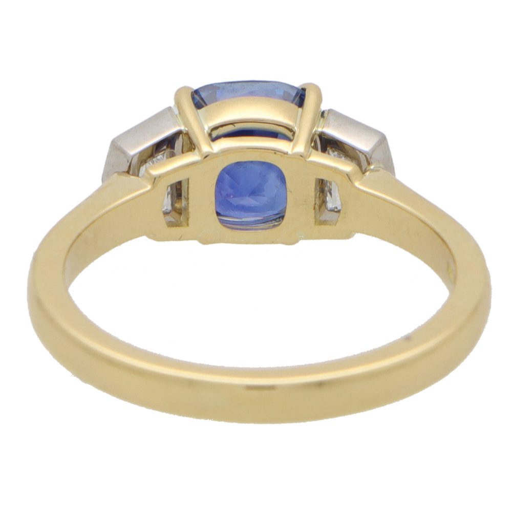 3ct Cushion Cut Natural Sapphire and Diamond Three Stone