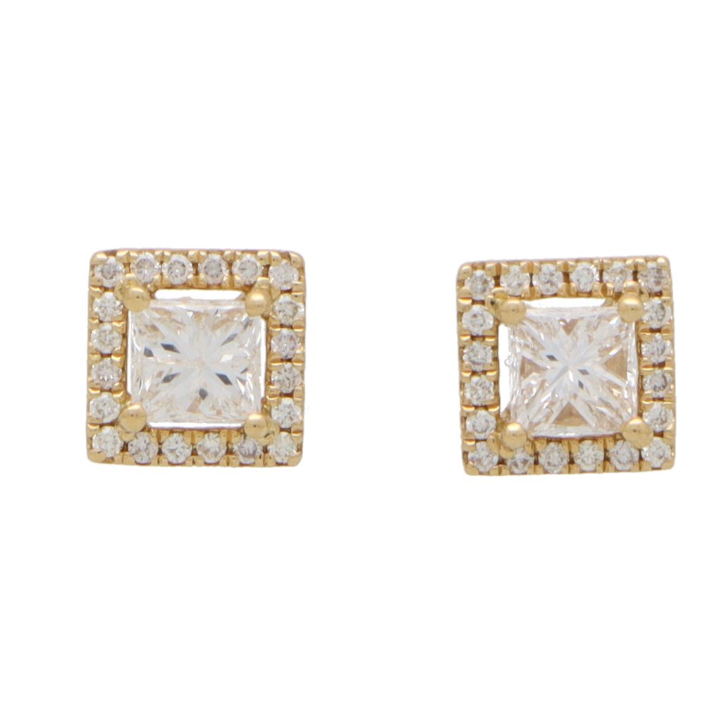 0.60ct Princess Cut Diamond Halo Cluster Stud Earrings