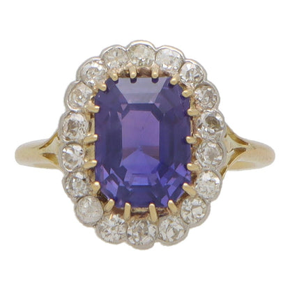 Vintage colour change sapphire and diamond cluster ring in yellow and white gold.