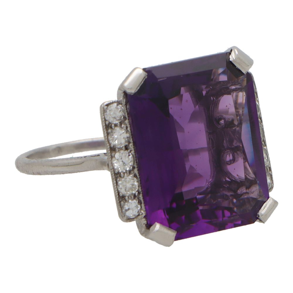 Amethyst and diamond cocktail ring set in platinum.