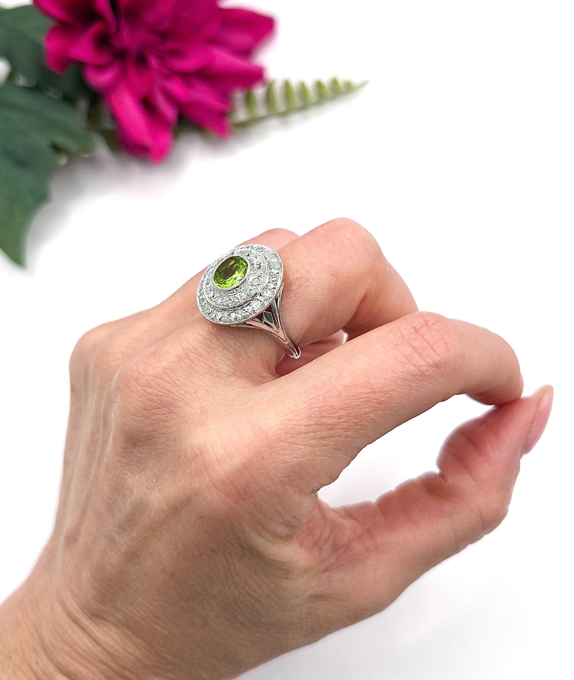 Vintage 18ct Gold French, 1940s Peridot and Diamond Double Halo Ring