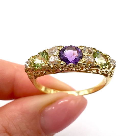 Edwardian Antique Amethyst Peridot and Diamond Carved Suffragette Ring
