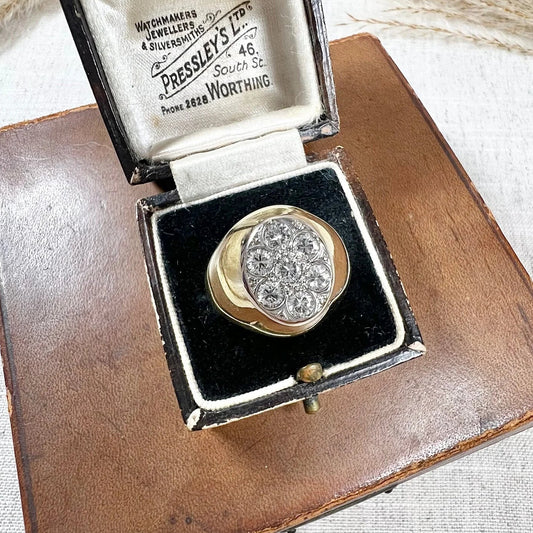 Vintage French Diamond Encrusted Oval Shaped Signet Ring