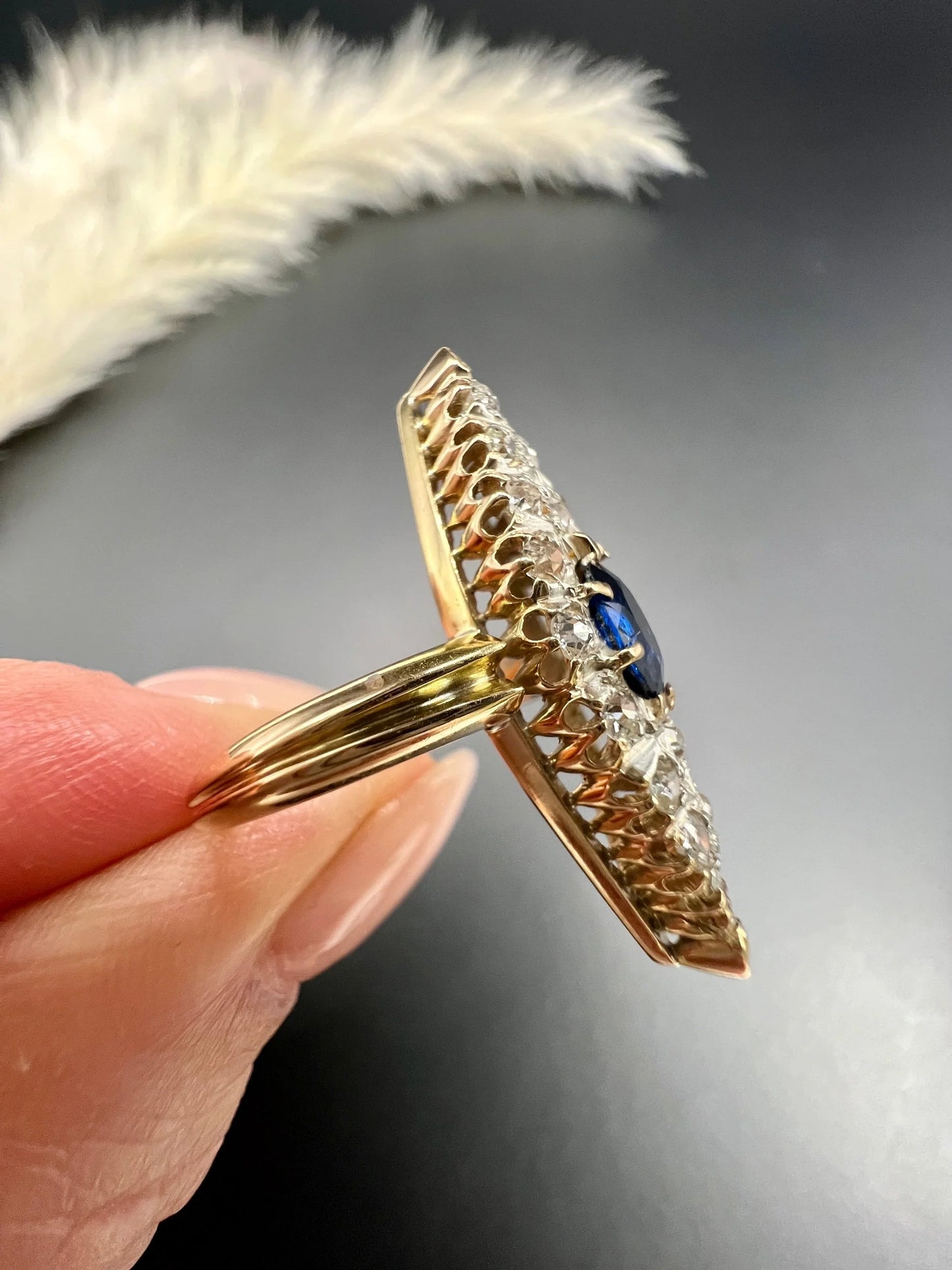 Antique 9 ct Yellow Gold, Victorian Sapphire And Diamond Marquise Navette Shaped Ring