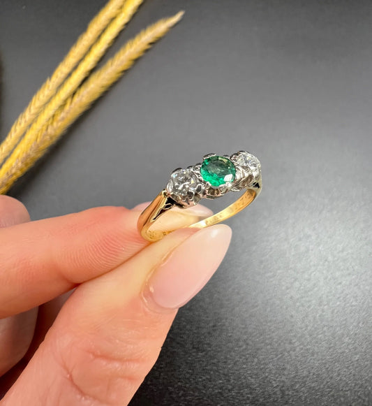 Vintage 18ct Yellow Gold & Platinum Stamped, 1950s 3 Stone Emerald and Diamond Trilogy Engagement Ring