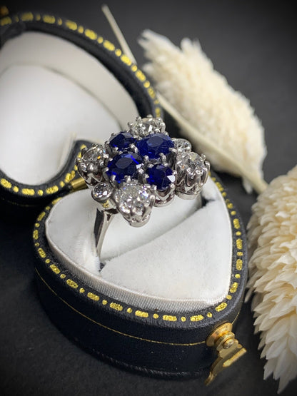 Vintage 1940s Sapphire and Diamond Cluster Ring