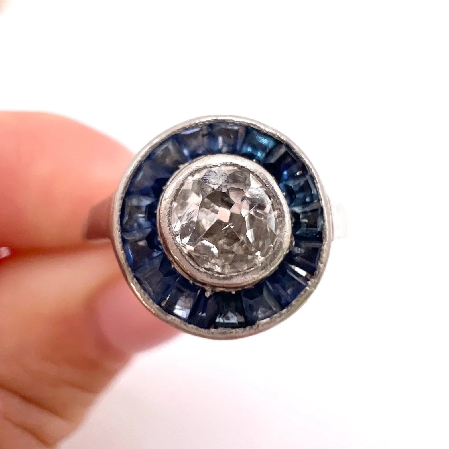 Antique Vintage Art Deco 0.35ct Old Cut Diamond and Sapphire Target Cluster Engagement Ring