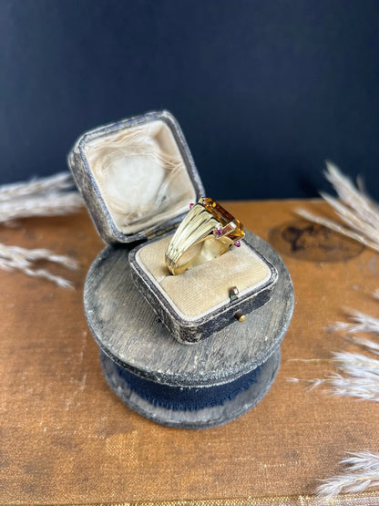 Vintage 18 Carat Yellow Gold Citrine and Cabochon Ruby Cocktail Ring, Circa 1940