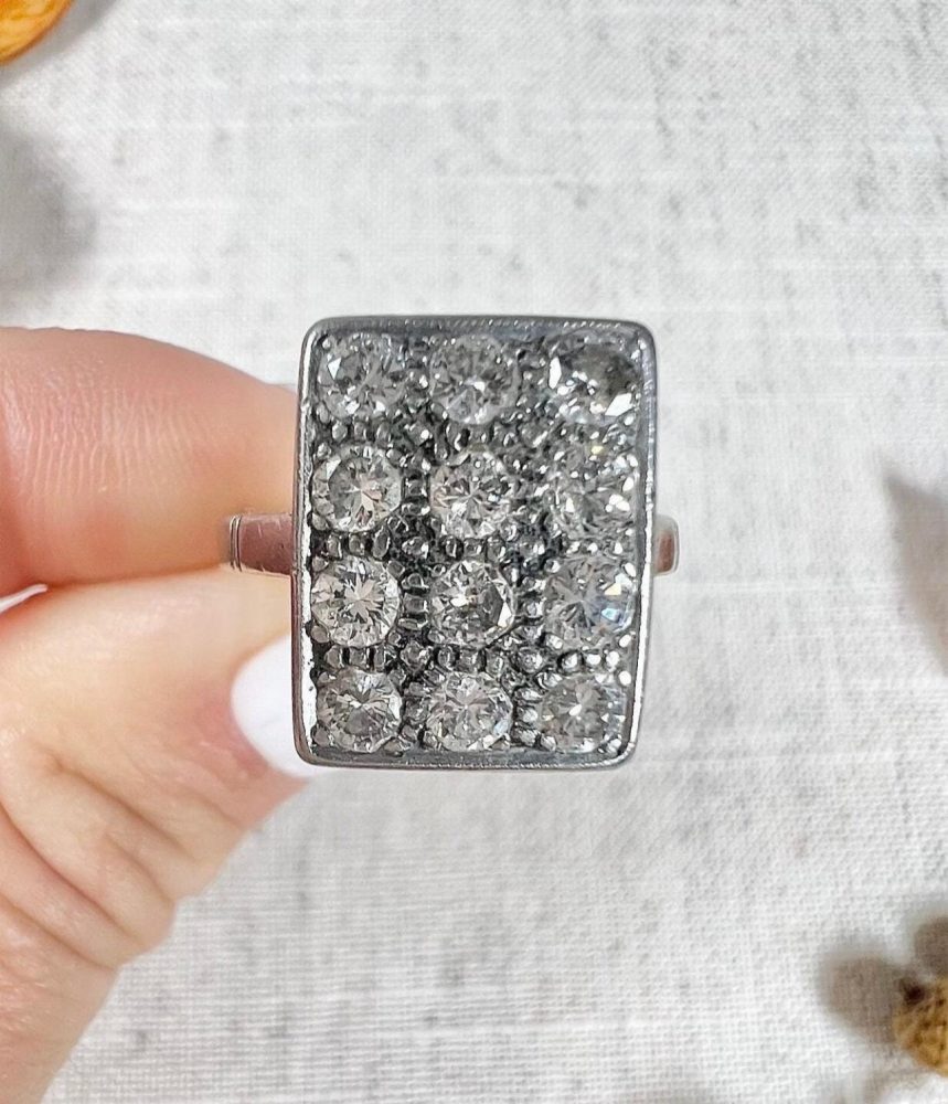 Vintage 1940s Diamond Cluster Rectangular Plaque Tablet Ring, three rows of four sparkling diamonds in rectangular shaped head mount in platinum