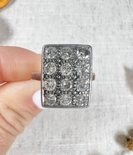 Vintage 1940s Diamond Cluster Rectangular Plaque Tablet Ring, three rows of four sparkling diamonds in rectangular shaped head mount in platinum