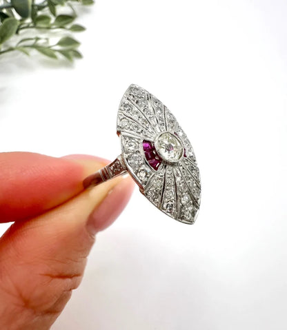 Vintage Diamond and Ruby Cluster Marquise Navette Shaped Ring