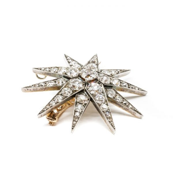 French Antique Diamond Silver And Gold Star Brooch