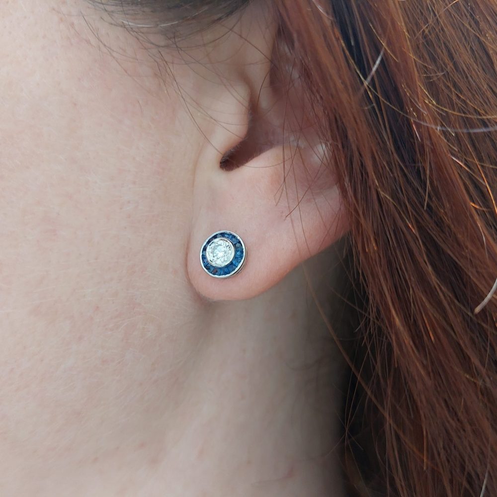 0.61ct Diamond and Calibre Sapphire Target Cluster Stud Earrings