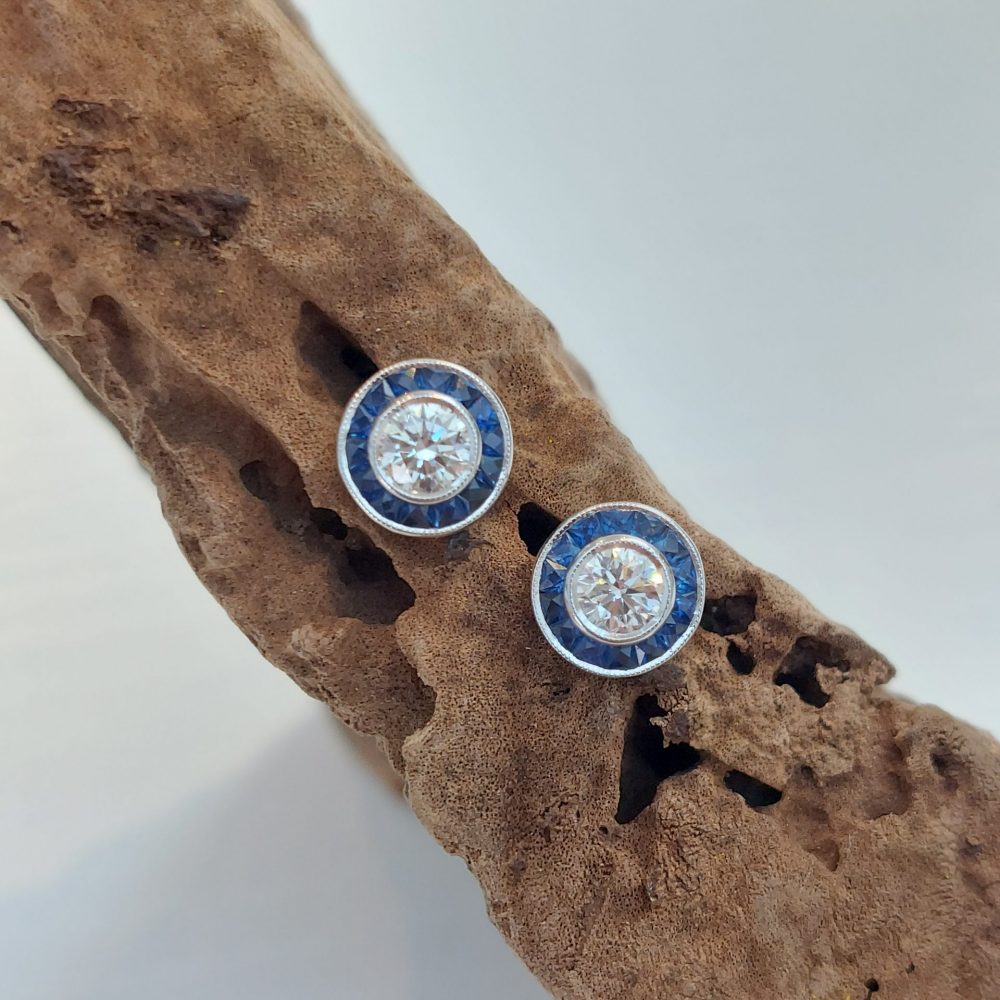 0.61ct Diamond and Calibre Sapphire Target Cluster Stud Earrings