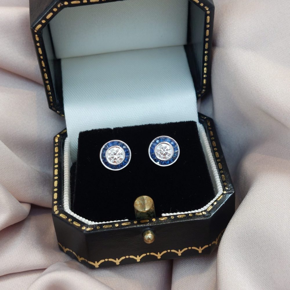 0.61ct Diamond and Calibre Sapphire Target Cluster Stud Earrings