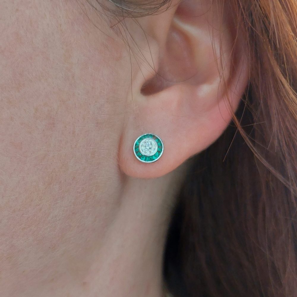 0.52ct Diamond and Calibre Emerald Cluster Target Earrings in 18ct White Gold