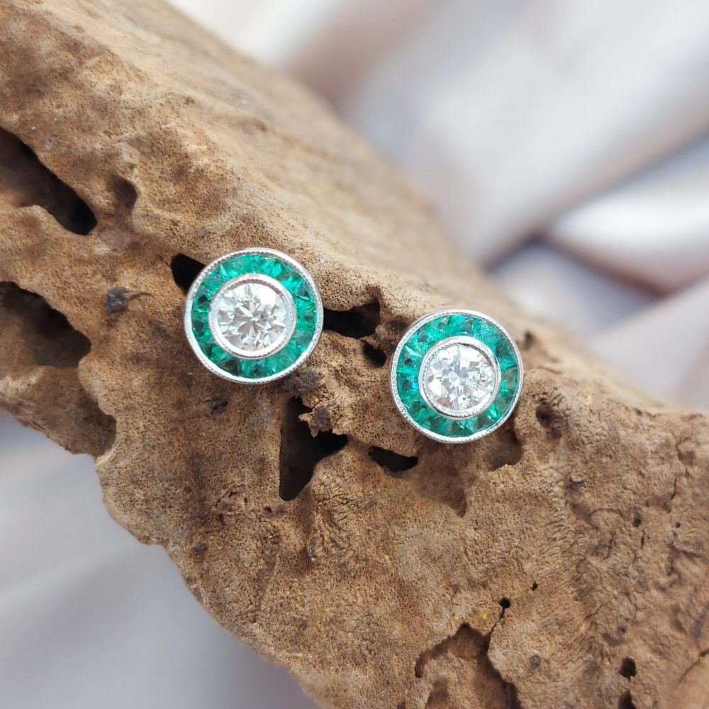 0.52ct Diamond and Calibre Emerald Cluster Target Earrings in 18ct White Gold