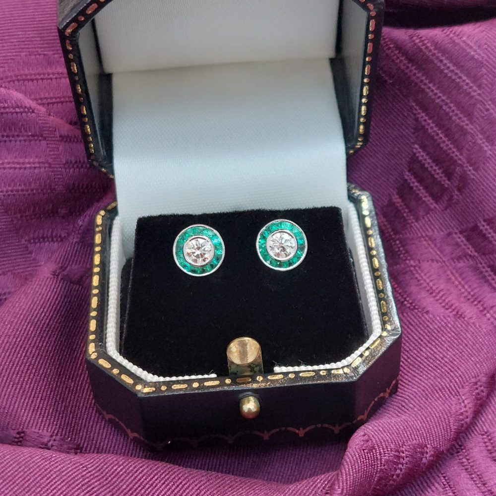0.52ct Diamond and Calibre Emerald Cluster Target Earrings in 18ct White Gold