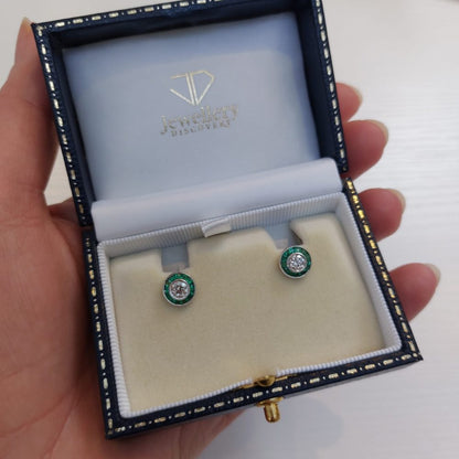 0.52ct Diamond and Calibre Emerald Cluster Target Earrings in 18ct White Gold