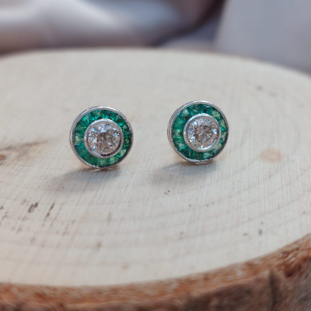 0.52ct Diamond and Calibre Emerald Cluster Target Earrings in 18ct White Gold