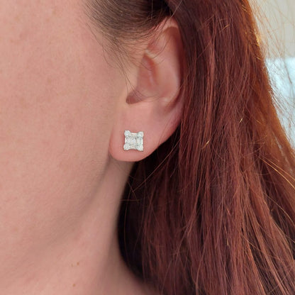 0.84ct Brilliant and Baguette Diamond Square Shaped Stud Earrings in 18ct White Gold