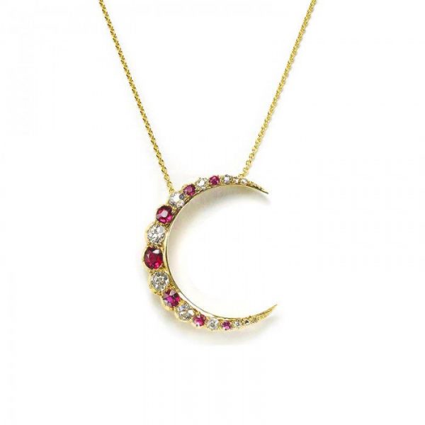 Antique Victorian Ruby Diamond and Gold Crescent Pendant, Circa 1880