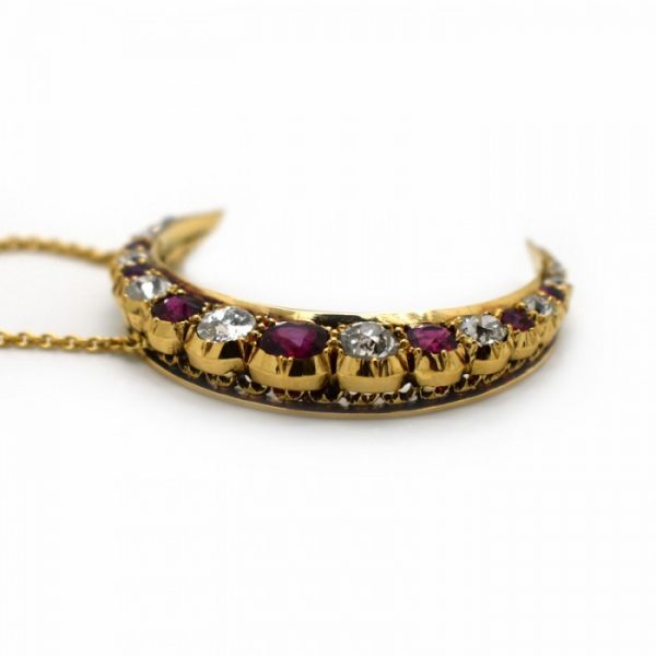 Antique Victorian Ruby Diamond and Gold Crescent Pendant, Circa 1880