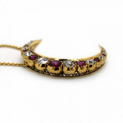Antique Victorian Ruby Diamond and Gold Crescent Pendant, Circa 1880