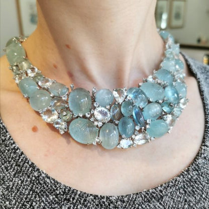 Faceted Aquamarine and Diamond Necklace