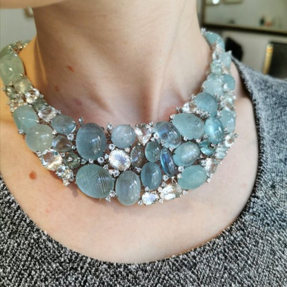 Faceted Aquamarine and Diamond Necklace