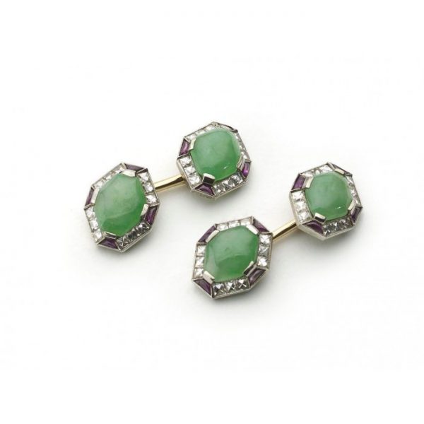 Fine Pair of Art Deco Jade Ruby Diamond Gold Platinum Cufflinks
