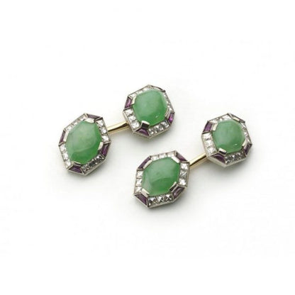 Fine Pair of Art Deco Jade Ruby Diamond Gold Platinum Cufflinks
