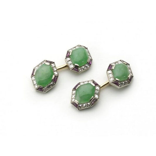 Fine Pair of Art Deco Jade Ruby Diamond Gold Platinum Cufflinks