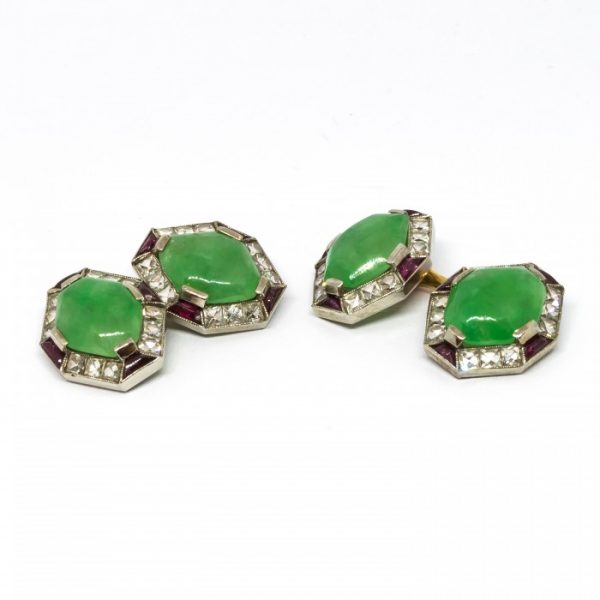 Fine Pair of Art Deco Jade Ruby Diamond Gold Platinum Cufflinks