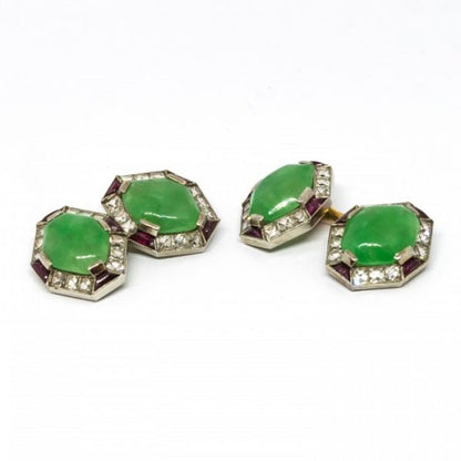 Fine Pair of Art Deco Jade Ruby Diamond Gold Platinum Cufflinks
