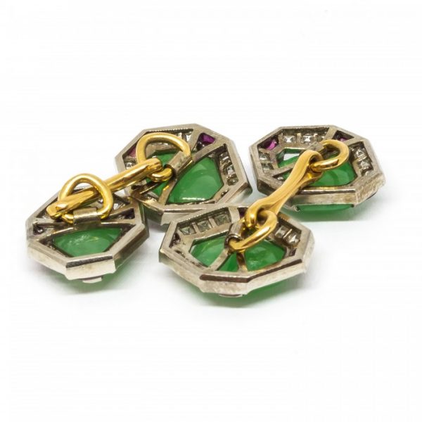 Fine Pair of Art Deco Jade Ruby Diamond Gold Platinum Cufflinks