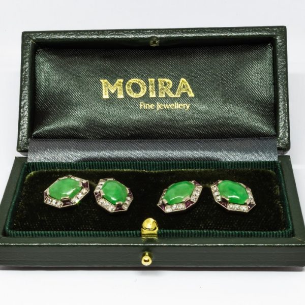 Fine Pair of Art Deco Jade Ruby Diamond Gold Platinum Cufflinks