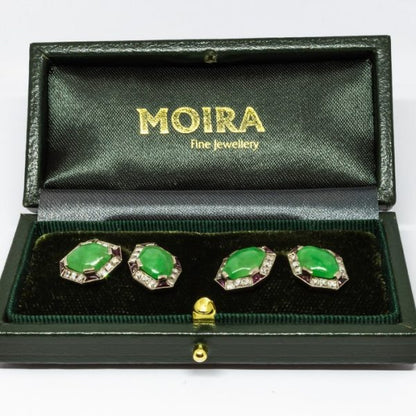 Fine Pair of Art Deco Jade Ruby Diamond Gold Platinum Cufflinks