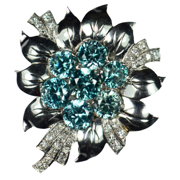 Vintage Blue Zircon, Diamond and Platinum Flower Brooch