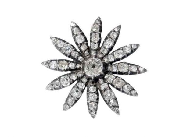 Antique Victorian flower brooch pendant burst old min cut 1880 silver and gold