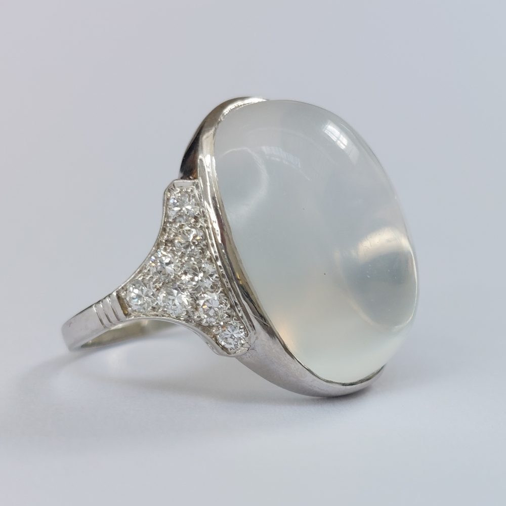 French Antique Art Deco Moonstone and Diamond Ring