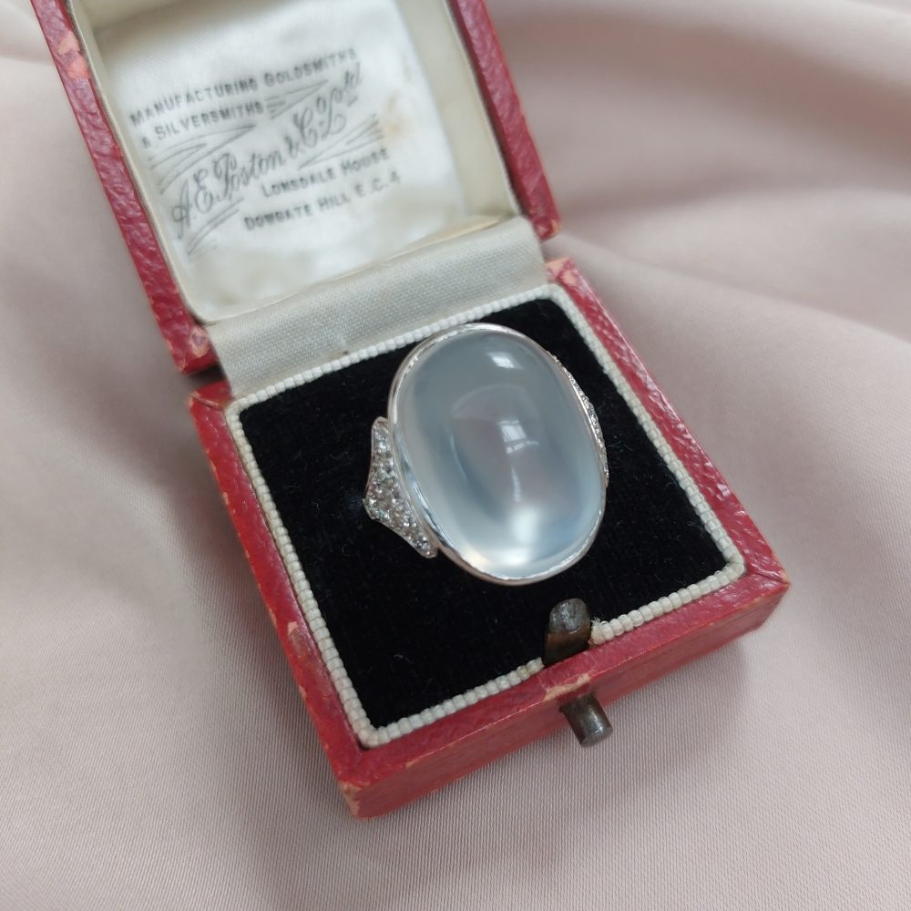 French Antique Art Deco Moonstone and Diamond Ring