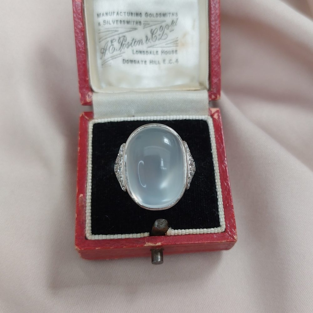 French Antique Art Deco Moonstone and Diamond Ring