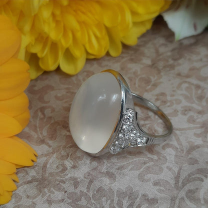 French Antique Art Deco Moonstone and Diamond Ring