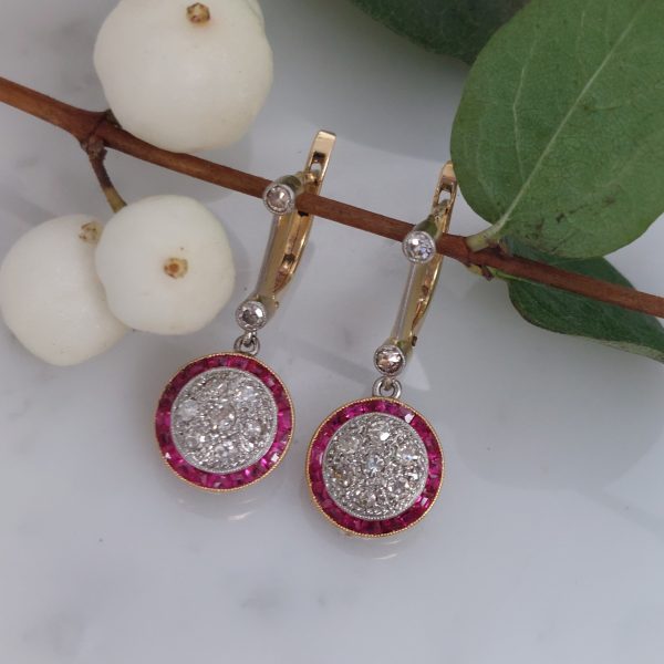 French Antique Art Deco Ruby and Diamond Target Drop Earrings