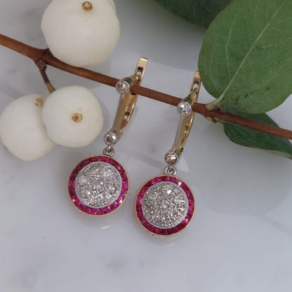 French Antique Art Deco Ruby and Diamond Target Drop Earrings