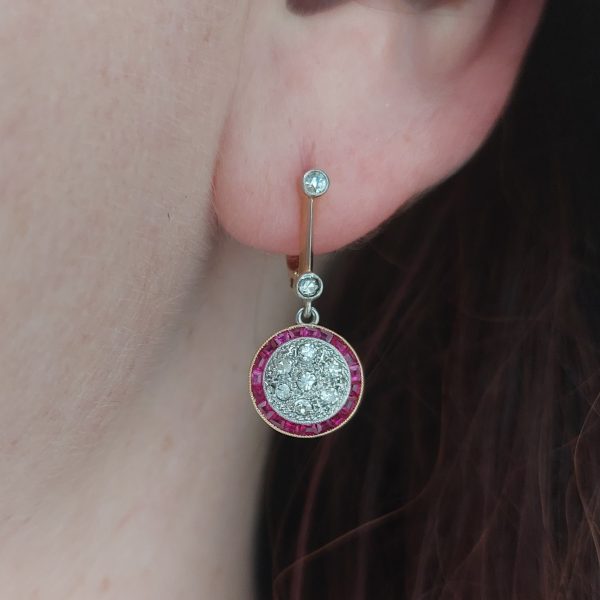French Antique Art Deco Ruby and Diamond Target Drop Earrings