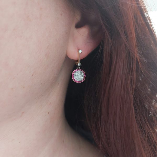 French Antique Art Deco Ruby and Diamond Target Drop Earrings