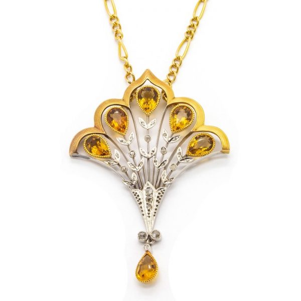 French Antique Art Nouveau Citrine Diamond Pendant Necklace